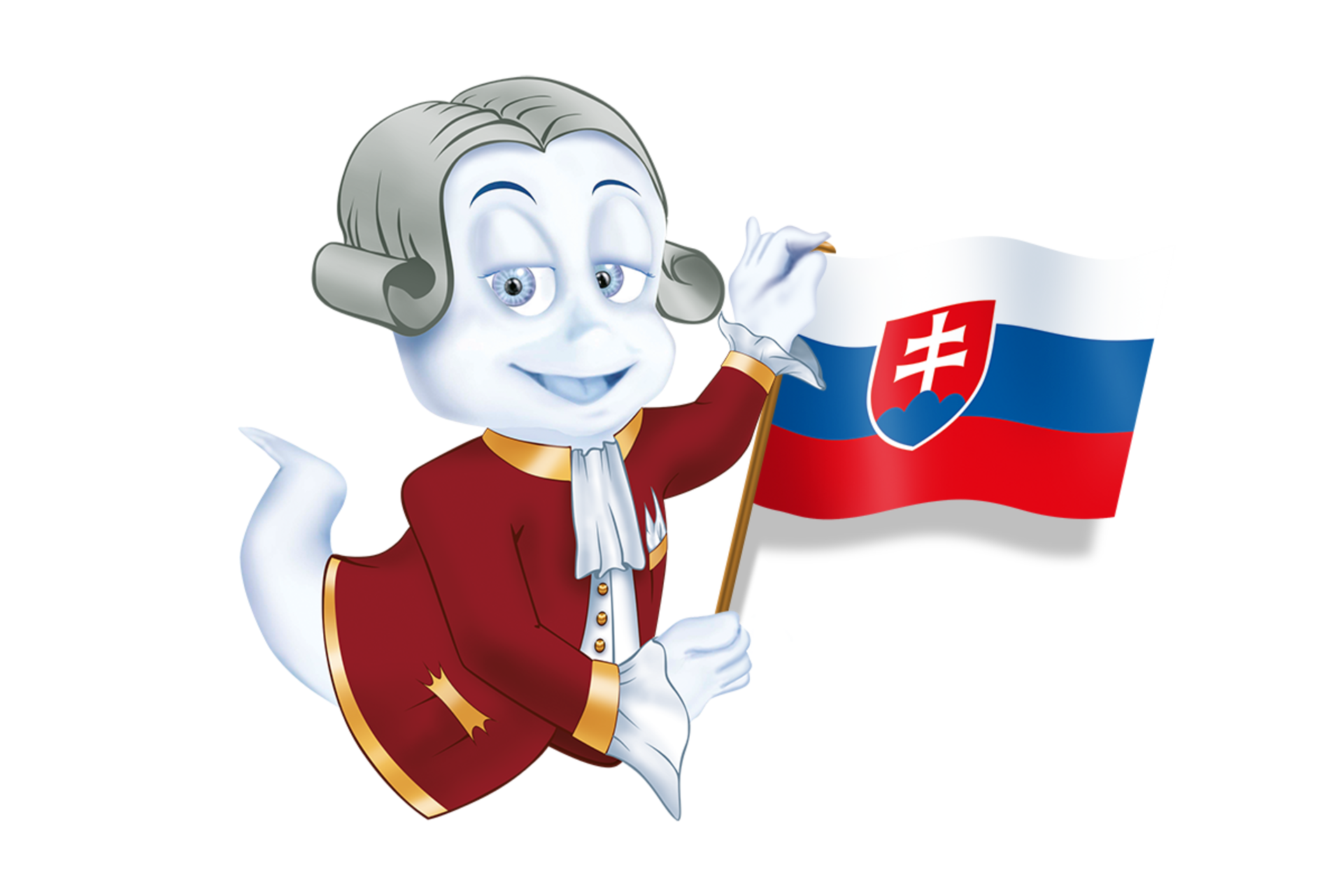 Schlossgeist Poldi hält slowakische Flagge in der Hand