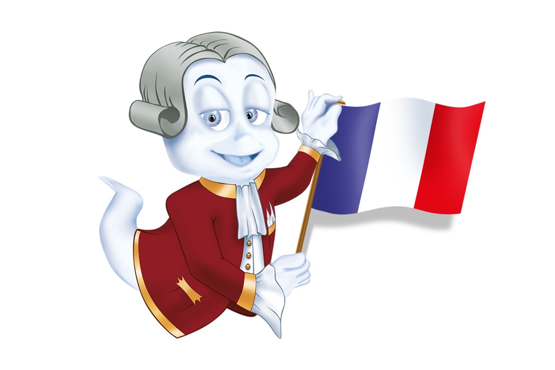 Schlossgeist Poldi hält französische Flagge in der Hand