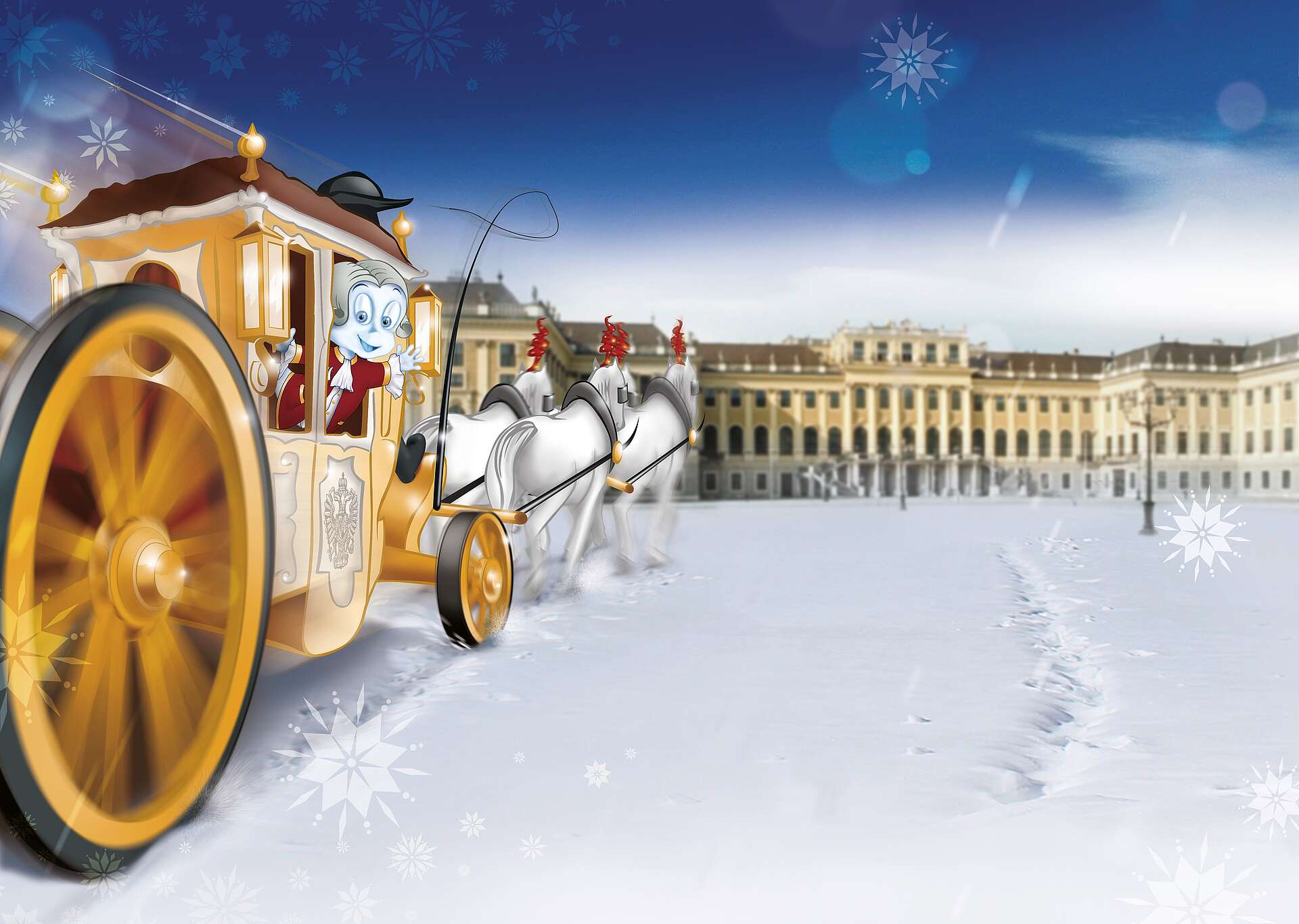 Illustration von Poldi, der in einer Kutsche sitzt und Richtung Schloss Schönbrunn fährt, der Boden ist mit Schnee bedeckt