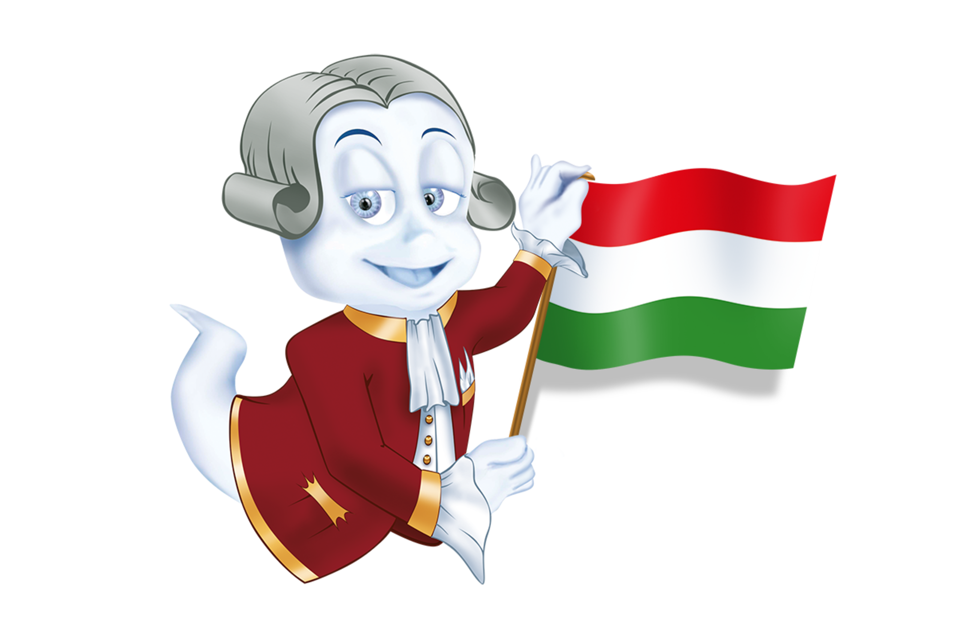 Schlossgeist Poldi hält ungarische Flagge in der Hand