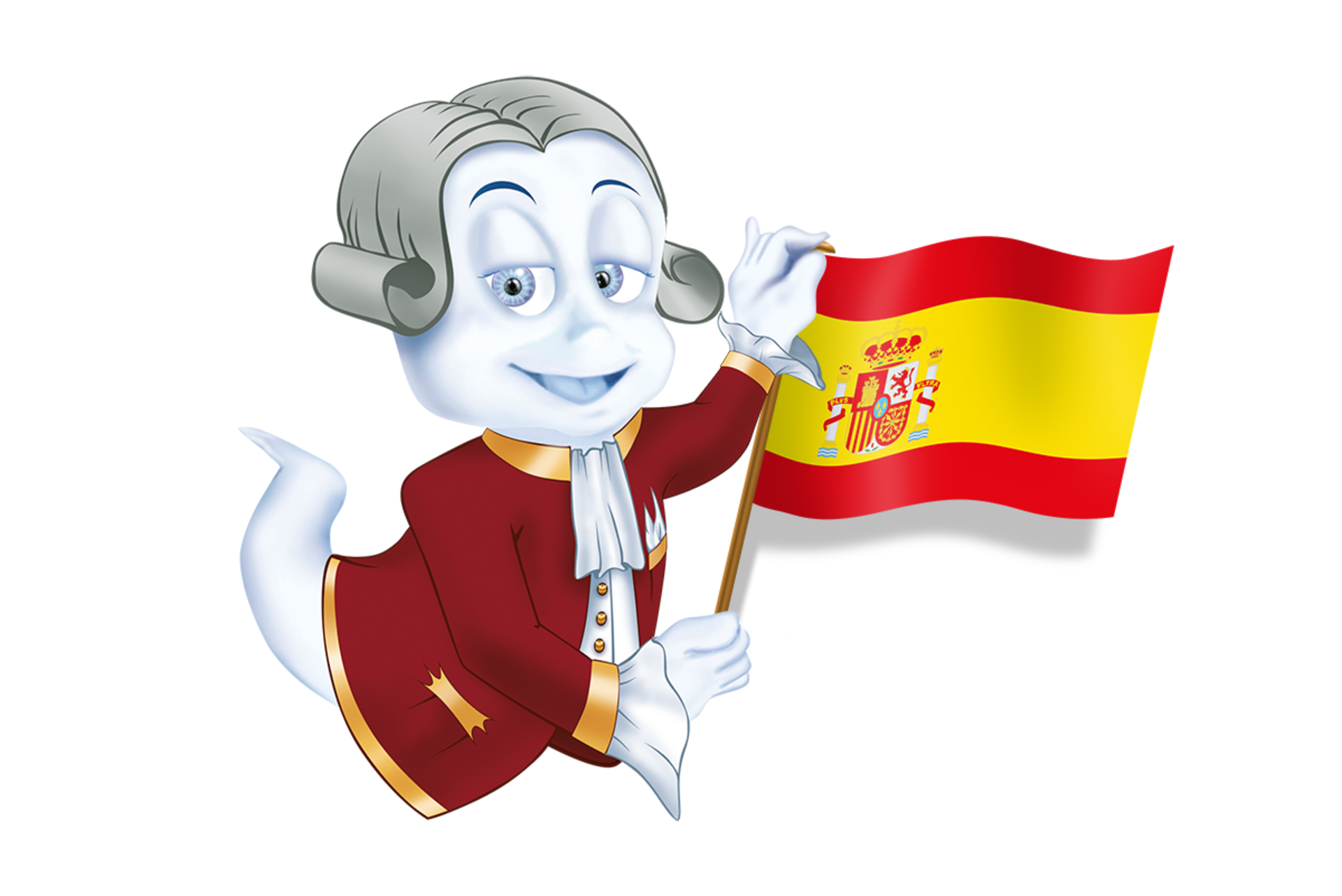 Schlossgeist Poldi hält spanische Flagge in der Hand